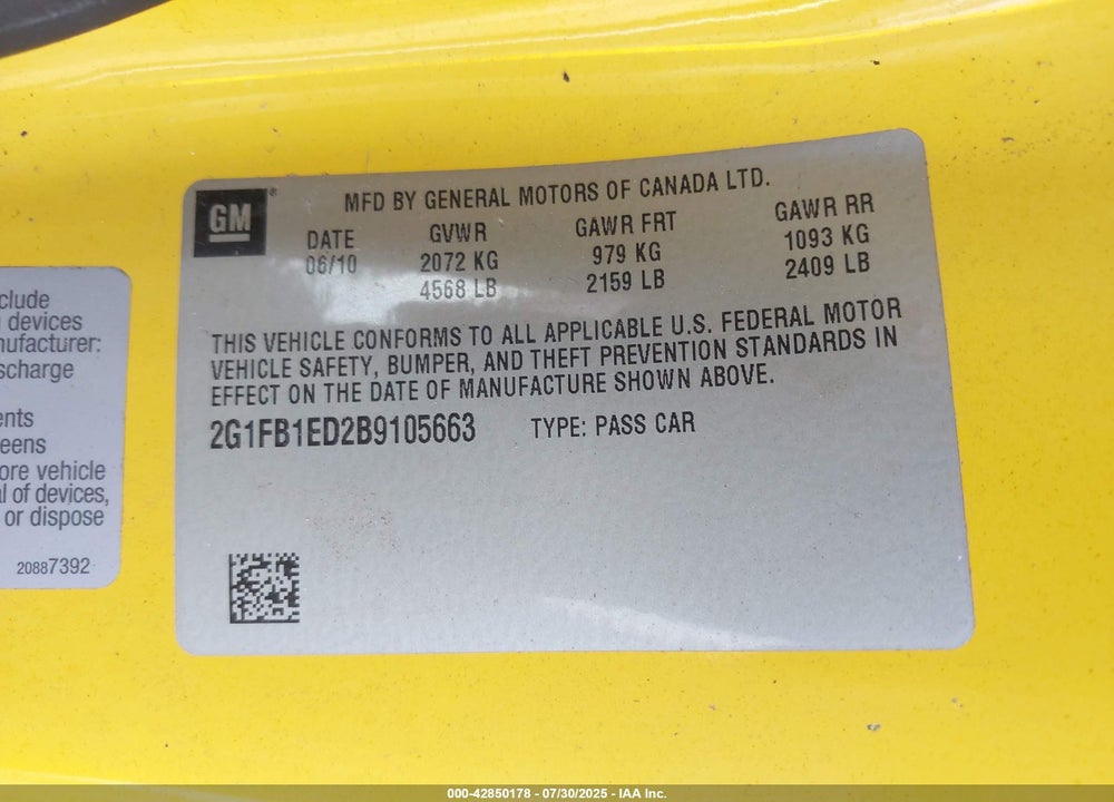 2011 CHEVROLET CAMARO 1LT VIN: 2G1FB1ED2B9105663