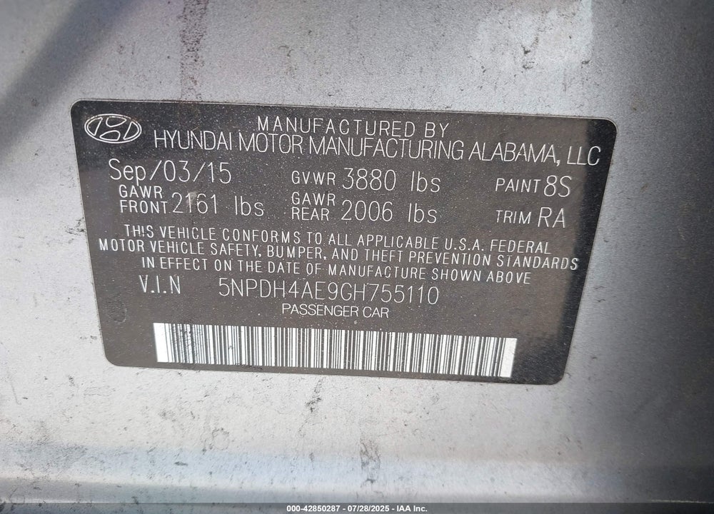 2016 HYUNDAI ELANTRA SE VIN: 5NPDH4AE9GH755110