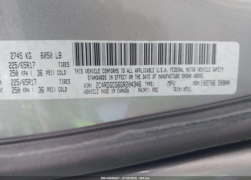 2016 DODGE GRAND CARAVAN VIN: 2C4RDGCG6GR204346