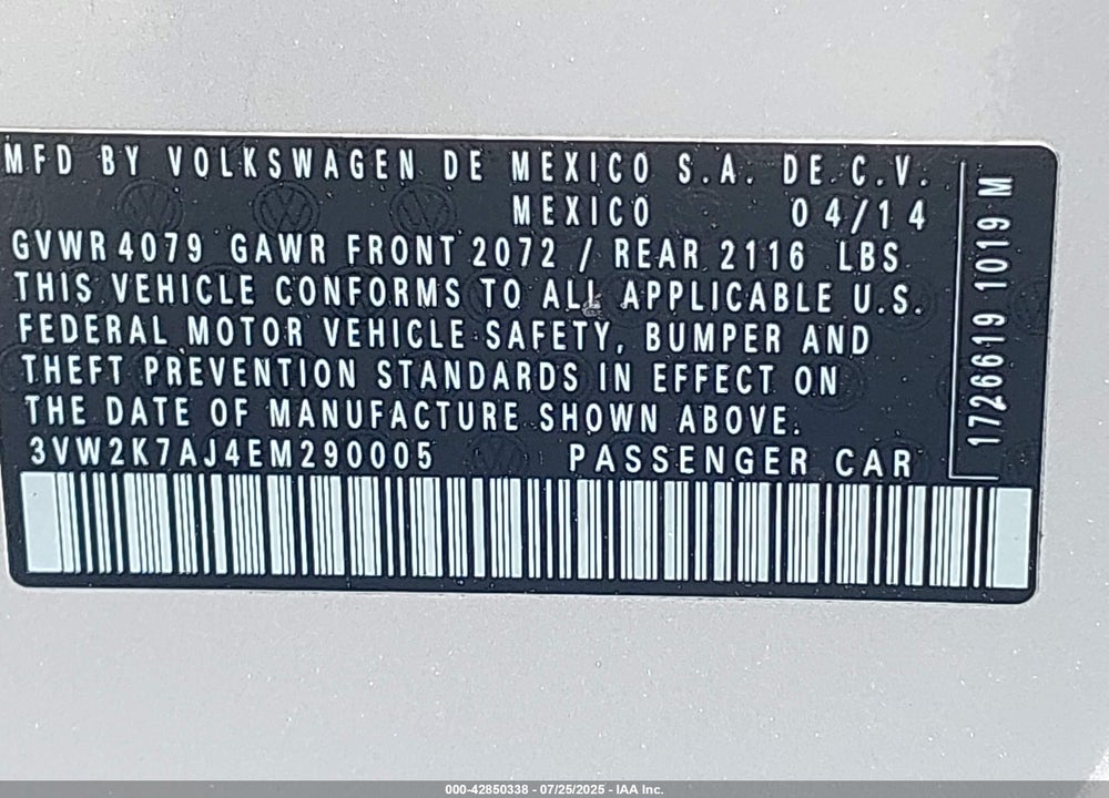 2014 VOLKSWAGEN JETTA VIN: 3VW2K7AJ4EM290005
