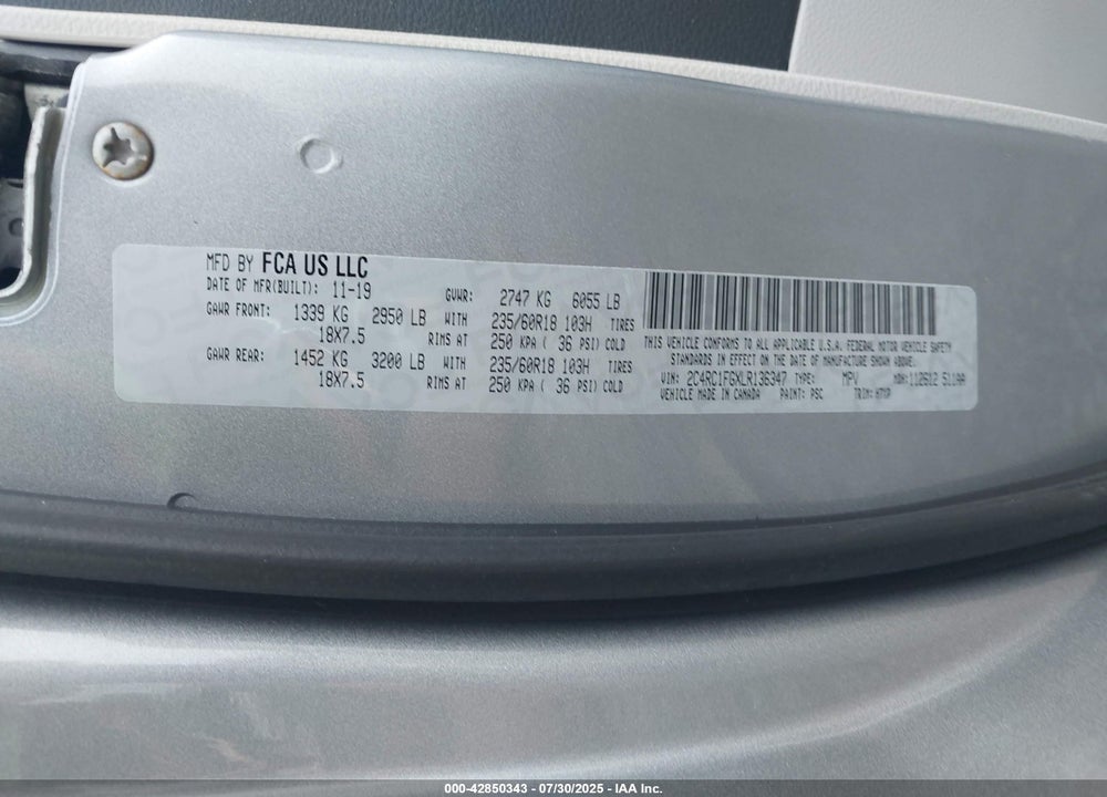 2020 CHRYSLER PACIFICA TOURING VIN: 2C4RC1FGXLR136347