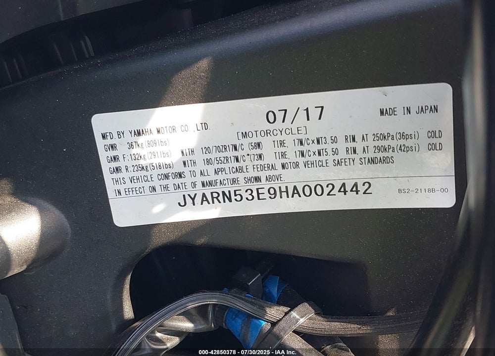 2017 YAMAHA FZ09 VIN: JYARN53E9HA002442