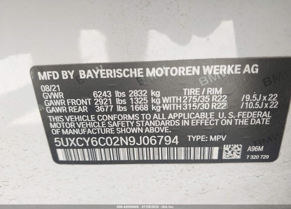 2022 BMW X6 VIN: 5UXCY6C02N9J06794