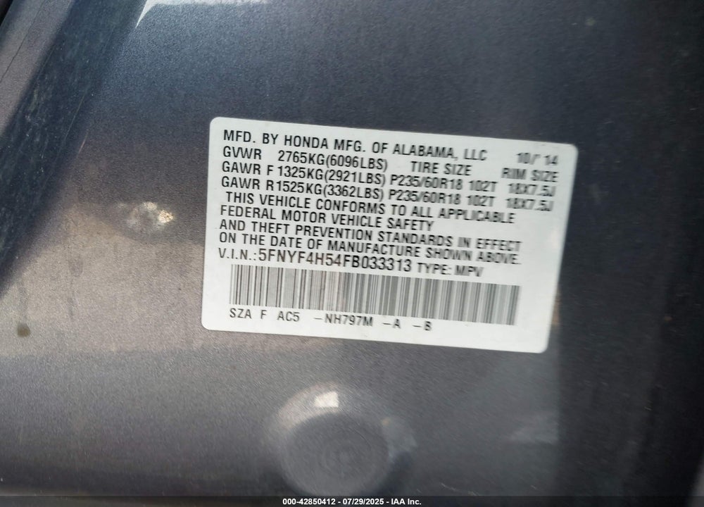 2015 HONDA PILOT EXL VIN: 5FNYF4H54FB033313