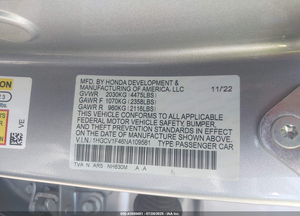 2022 HONDA ACCORD SPORT SPECIAL EDITION VIN: 1HGCV1F46NA109581