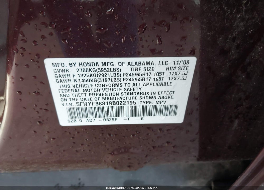2009 HONDA PILOT VIN: 5FNYF38819B022195