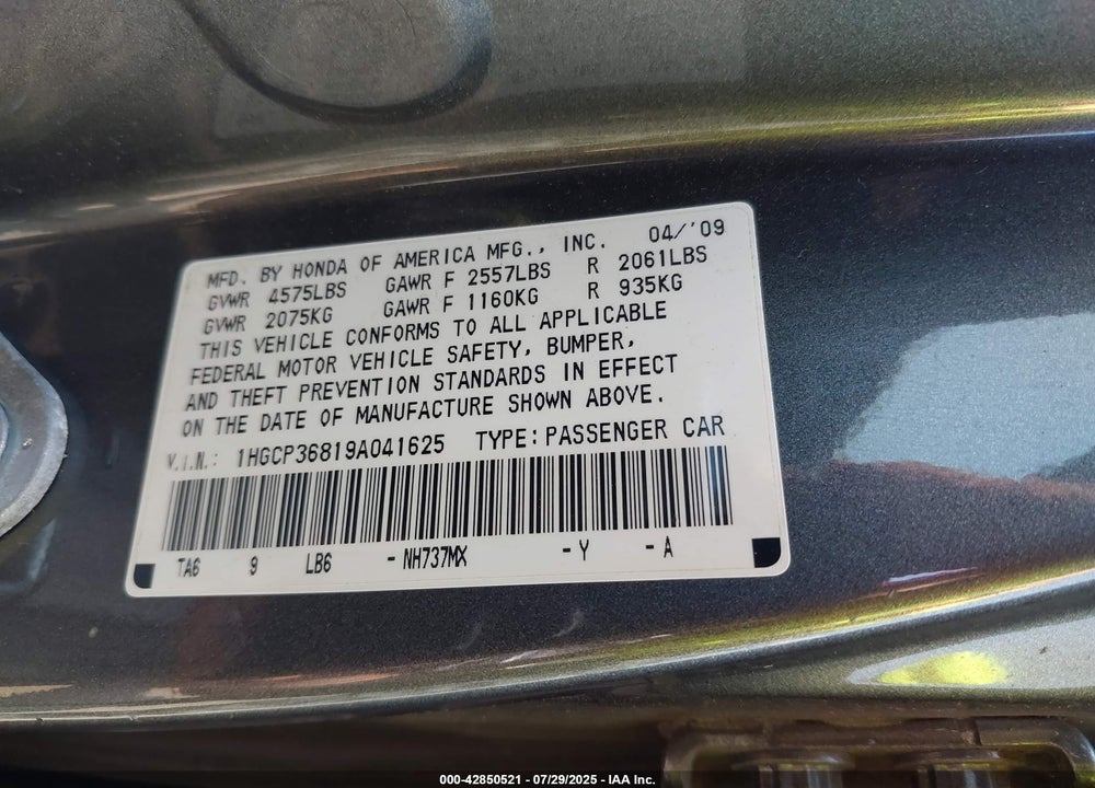 2009 HONDA ACCORD VIN: 1HGCP36819A041625