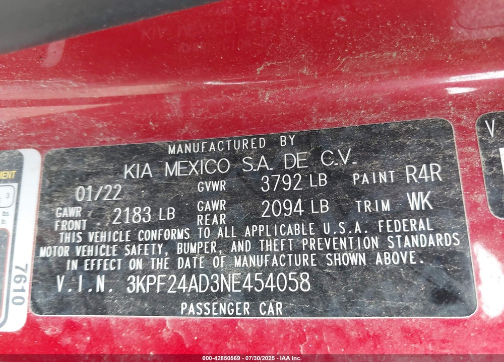 2022 KIA FORTE VIN: 3KPF24AD3NE454058
