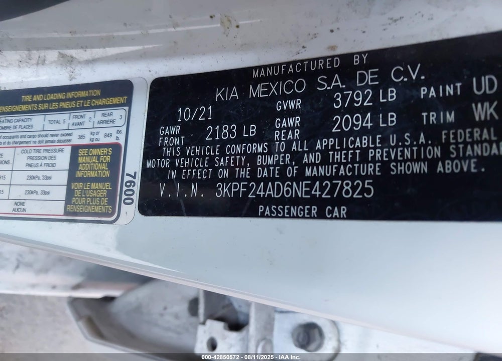 2022 KIA FORTE FE VIN: 3KPF24AD6NE427825