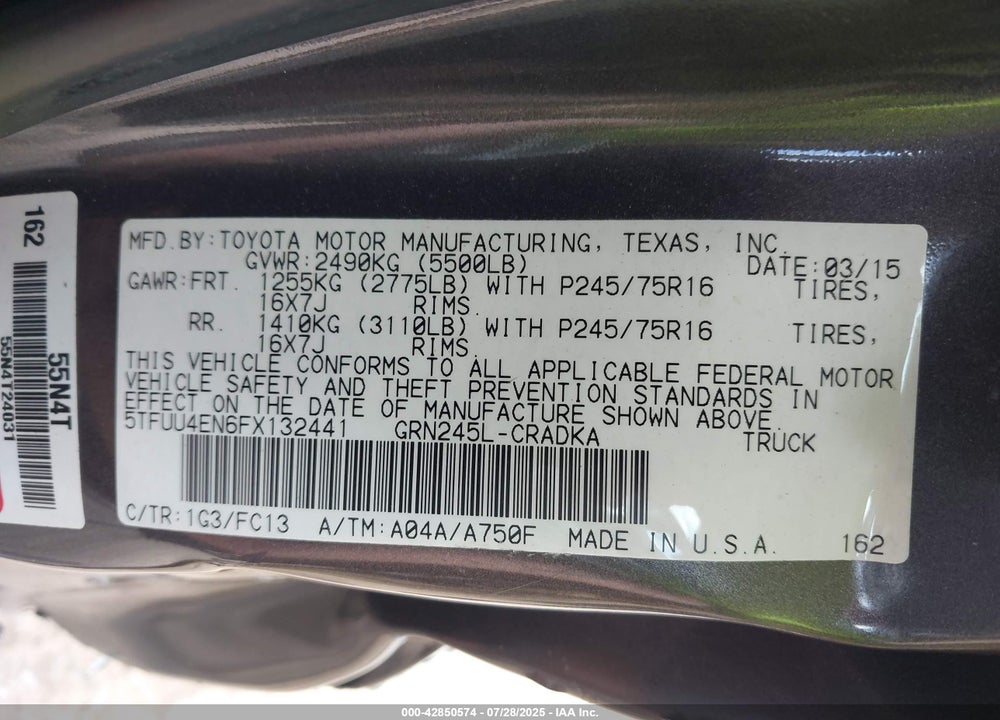 2015 TOYOTA TACOMA VIN: 5TFUU4EN6FX132441