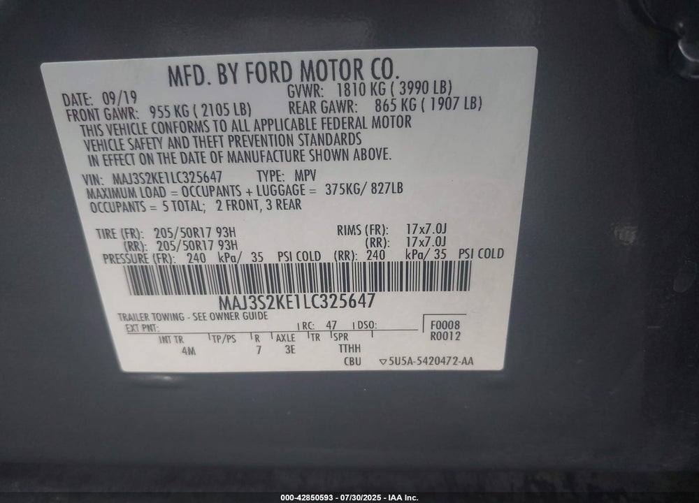 2020 FORD ECOSPORT VIN: MAJ3S2KE1LC325647