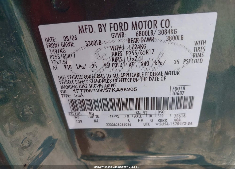 2007 FORD F-150 XLT VIN: 1FTRW12W57KA56205