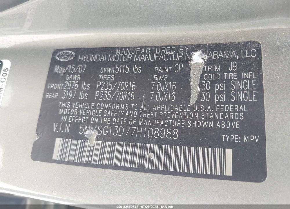 2007 HYUNDAI SANTA FE VIN: 5NMSG13D77H108988