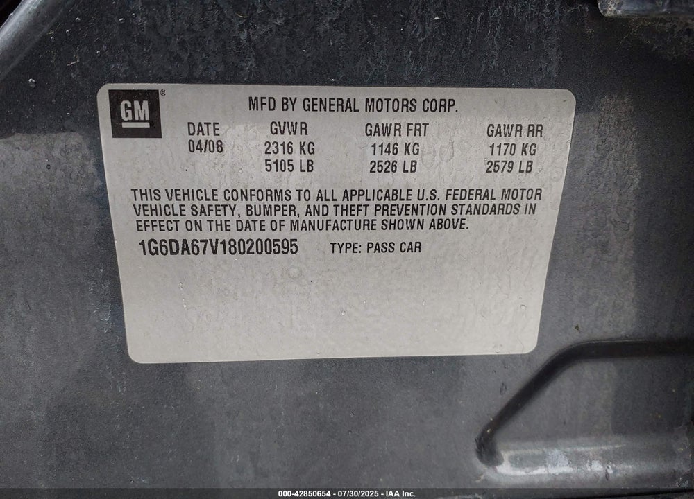 2008 CADILLAC STS V6 VIN: 1G6DA67V180200595