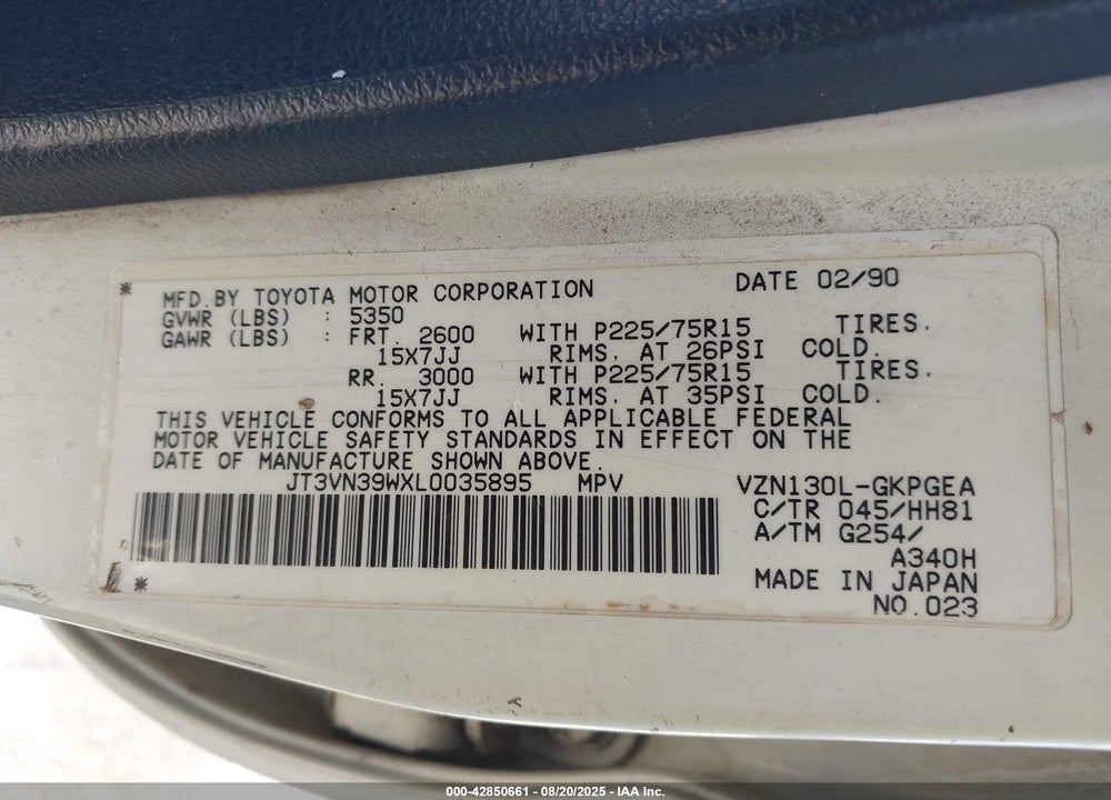 1990 TOYOTA 4RUNNER VN39 SR5 VIN: JT3VN39WXL0035895