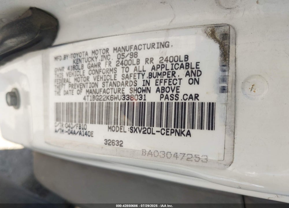 1998 TOYOTA CAMRY LE VIN: 4T1BG22K6WU338031