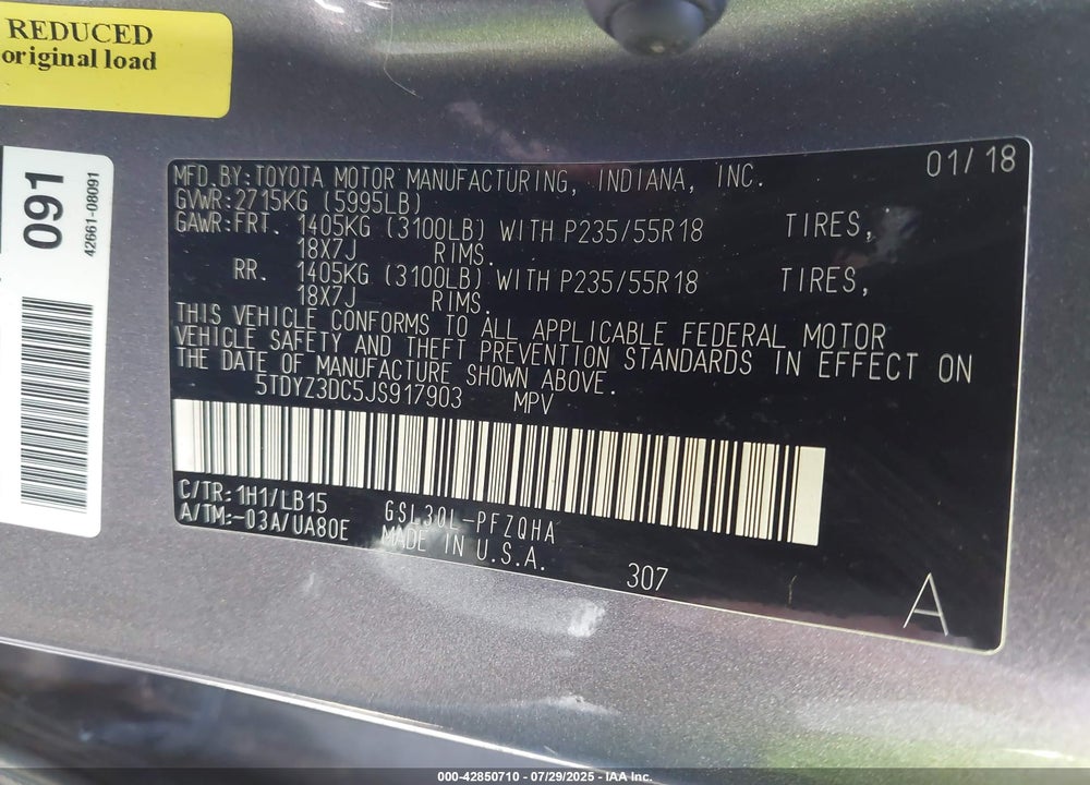 2018 TOYOTA SIENNA LIMITED PREMIUM 7 PASSENGER VIN: 5TDYZ3DC5JS917903