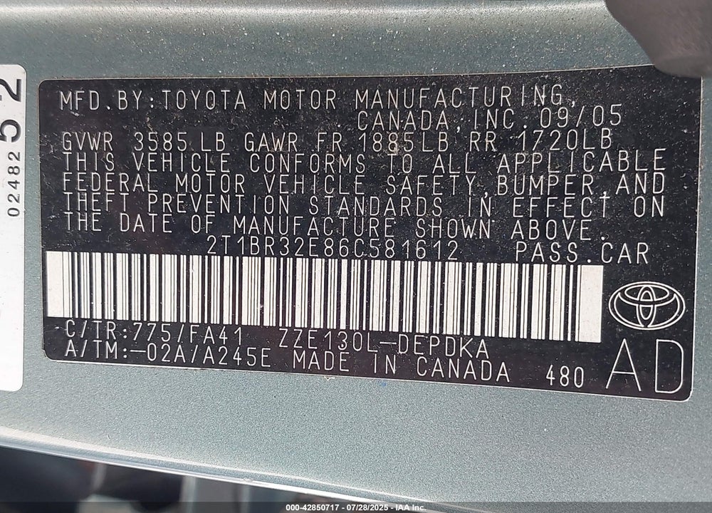 2006 TOYOTA COROLLA VIN: 2T1BR32E86C581612