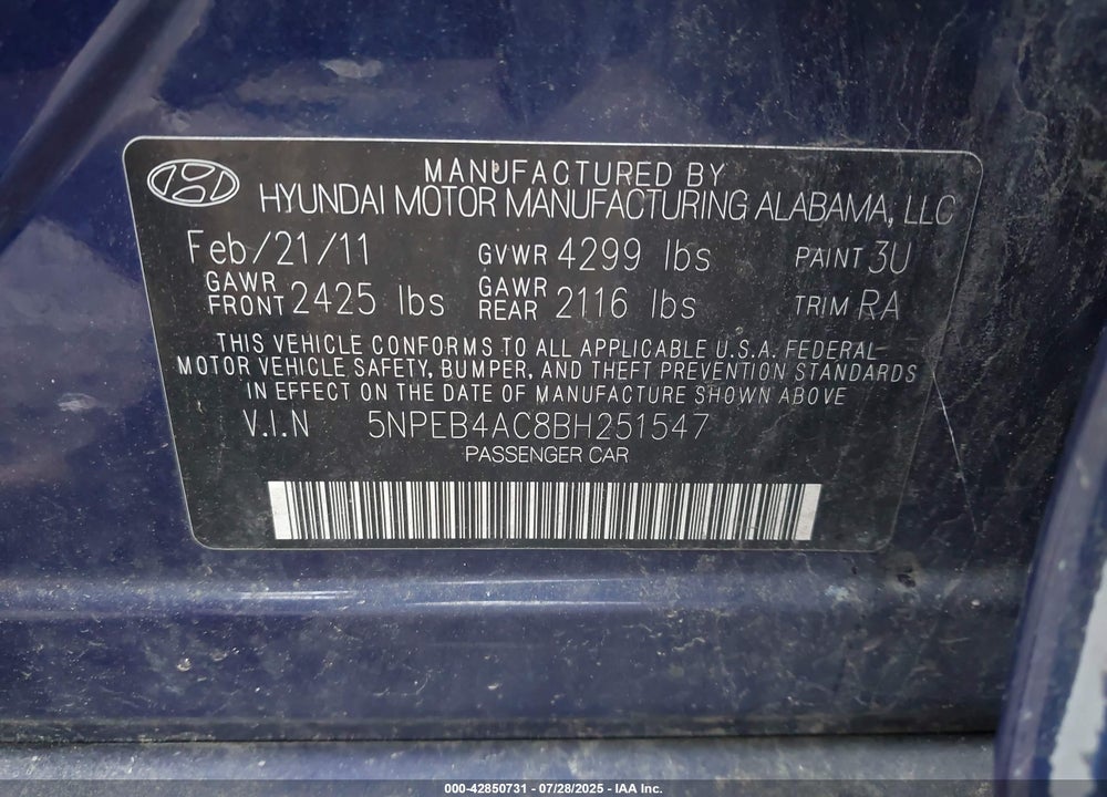 2011 HYUNDAI SONATA VIN: 5NPEB4AC8BH251547