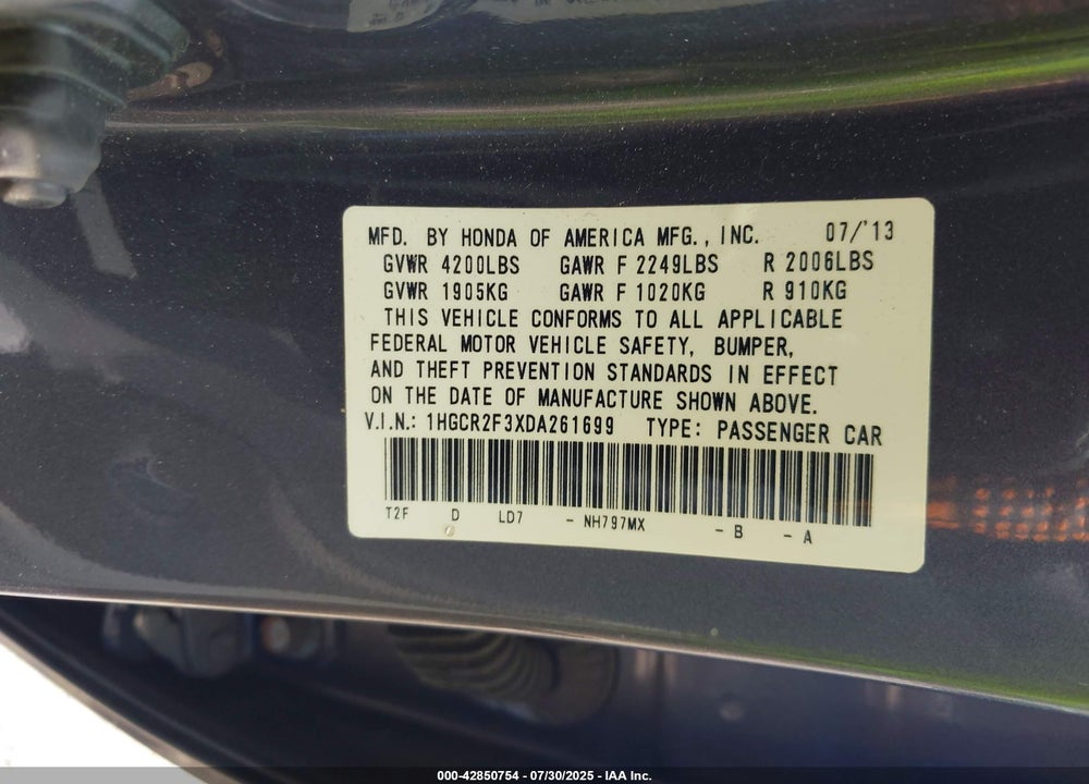 2013 HONDA ACCORD VIN: 1HGCR2F3XDA261699