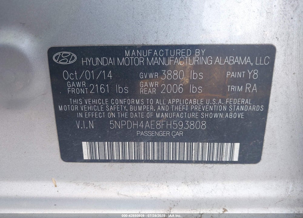 2015 HYUNDAI ELANTRA VIN: 5NPDH4AE8FH593808