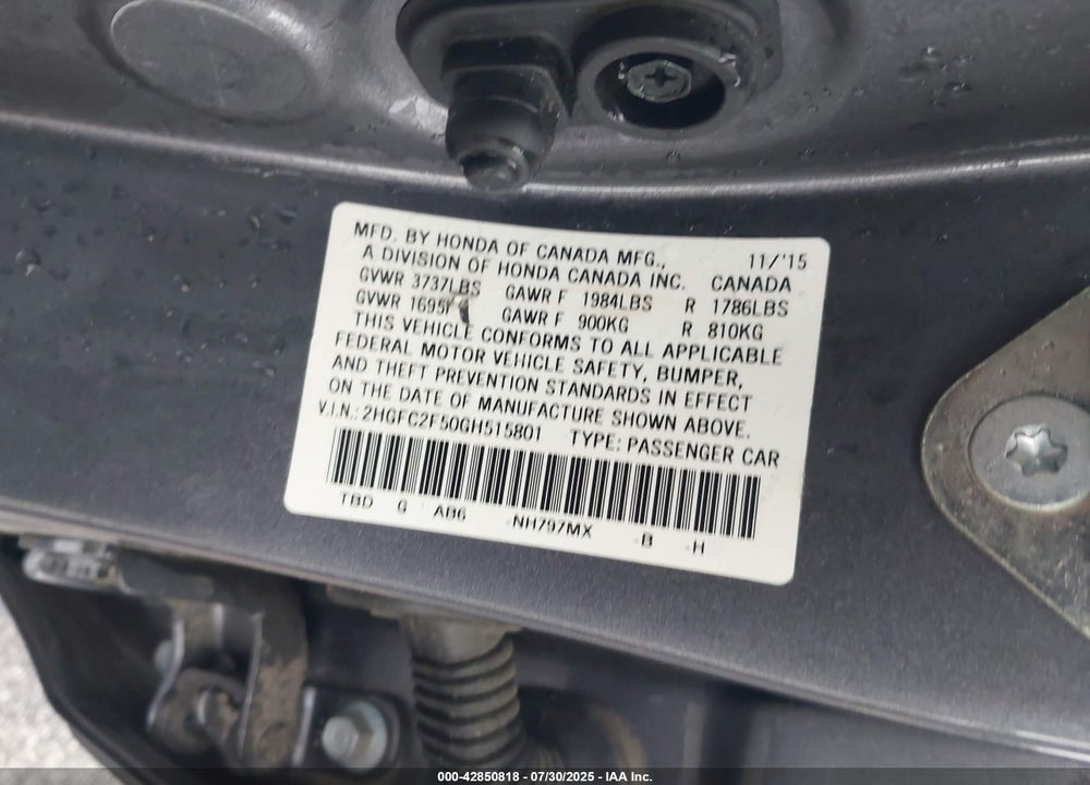 2016 HONDA CIVIC LX VIN: 2HGFC2F50GH515801