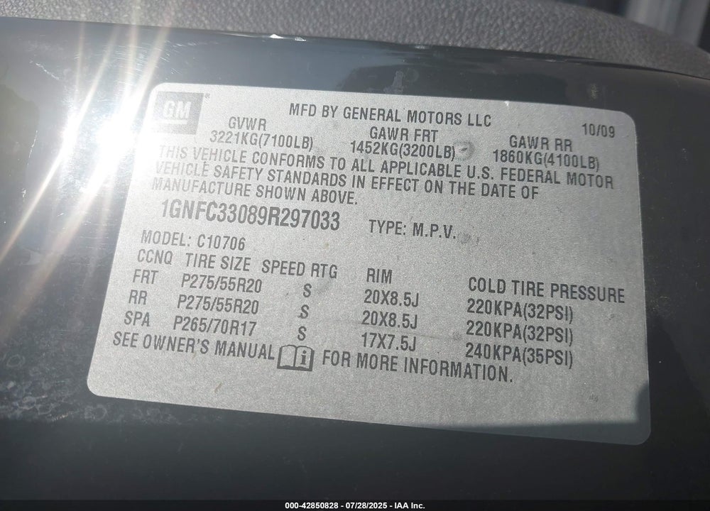2009 CHEVROLET TAHOE VIN: 1GNFC33089R297033