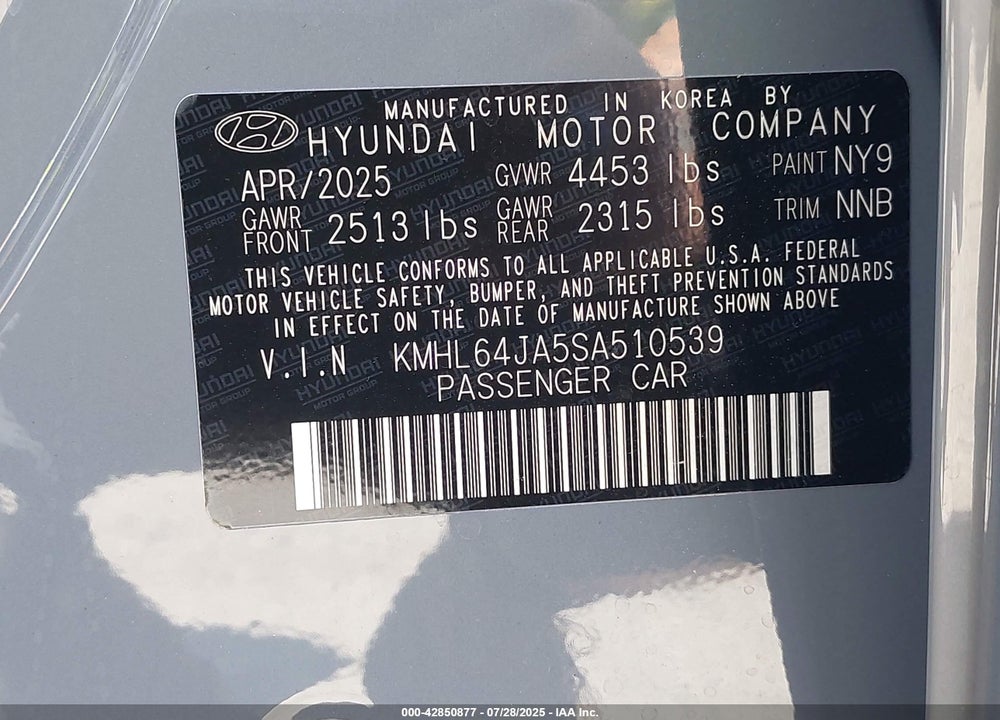 2025 HYUNDAI SONATA VIN: KMHL64JA5SA510539