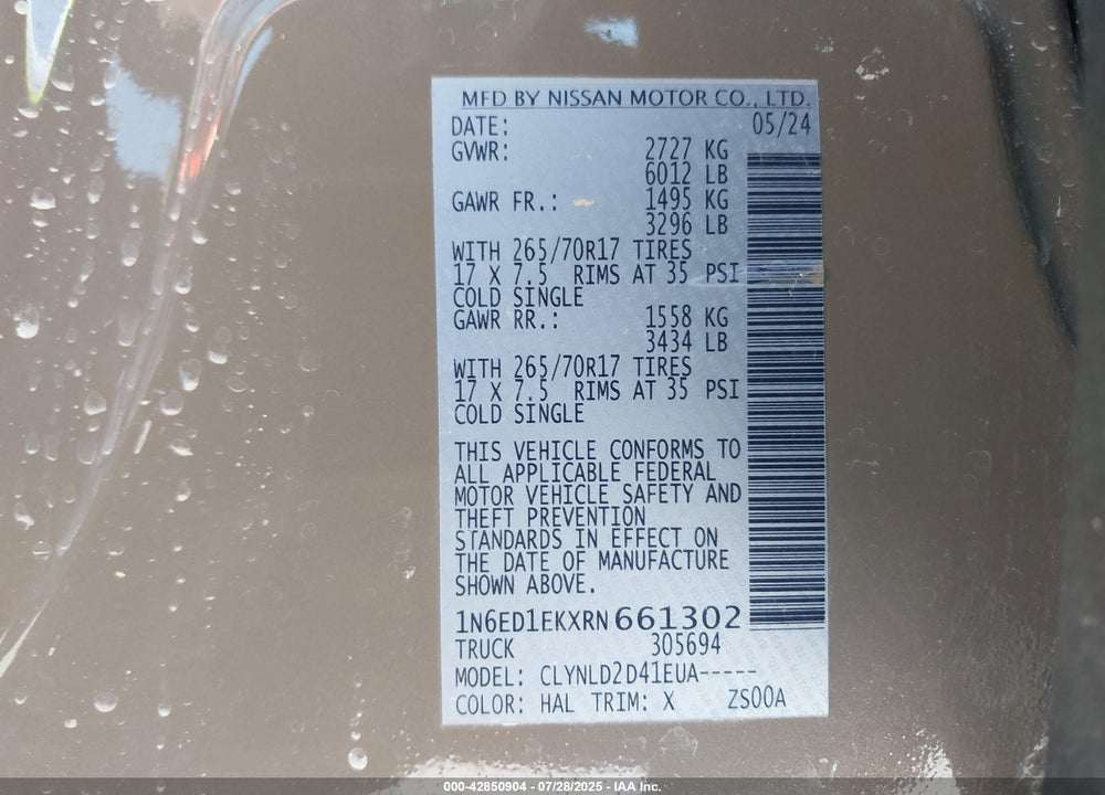 2024 NISSAN FRONTIER VIN: 1N6ED1EKXRN661302