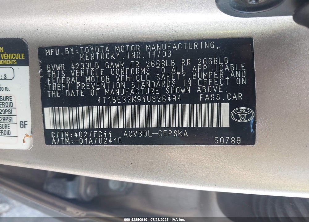 2004 TOYOTA CAMRY SE VIN: 4T1BE32K94U826494