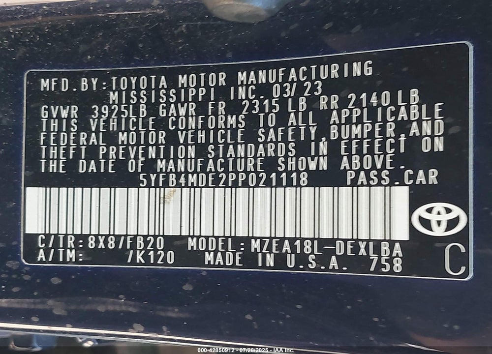 2023 TOYOTA COROLLA VIN: 5YFB4MDE2PP021118