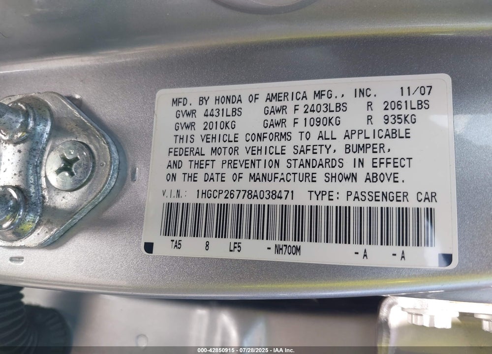 2008 HONDA ACCORD 2.4 EX VIN: 1HGCP26778A038471