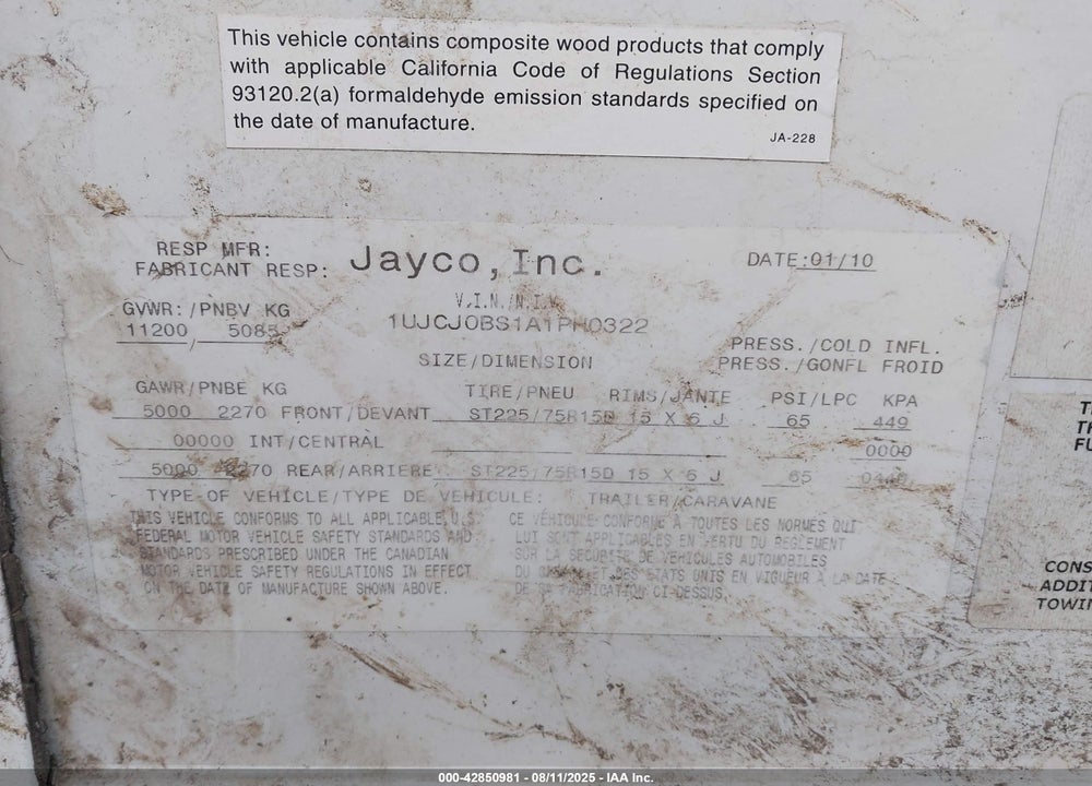 2010 JAYCO SUPER-LITE VIN: 1UJCJ0BS1A1PH0322