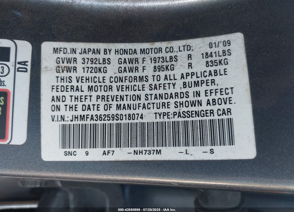 2009 HONDA CIVIC HYBRID VIN: JHMFA36259S018074