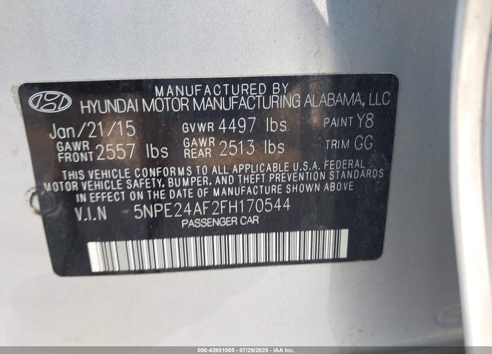 2015 HYUNDAI SONATA VIN: 5NPE24AF2FH170544