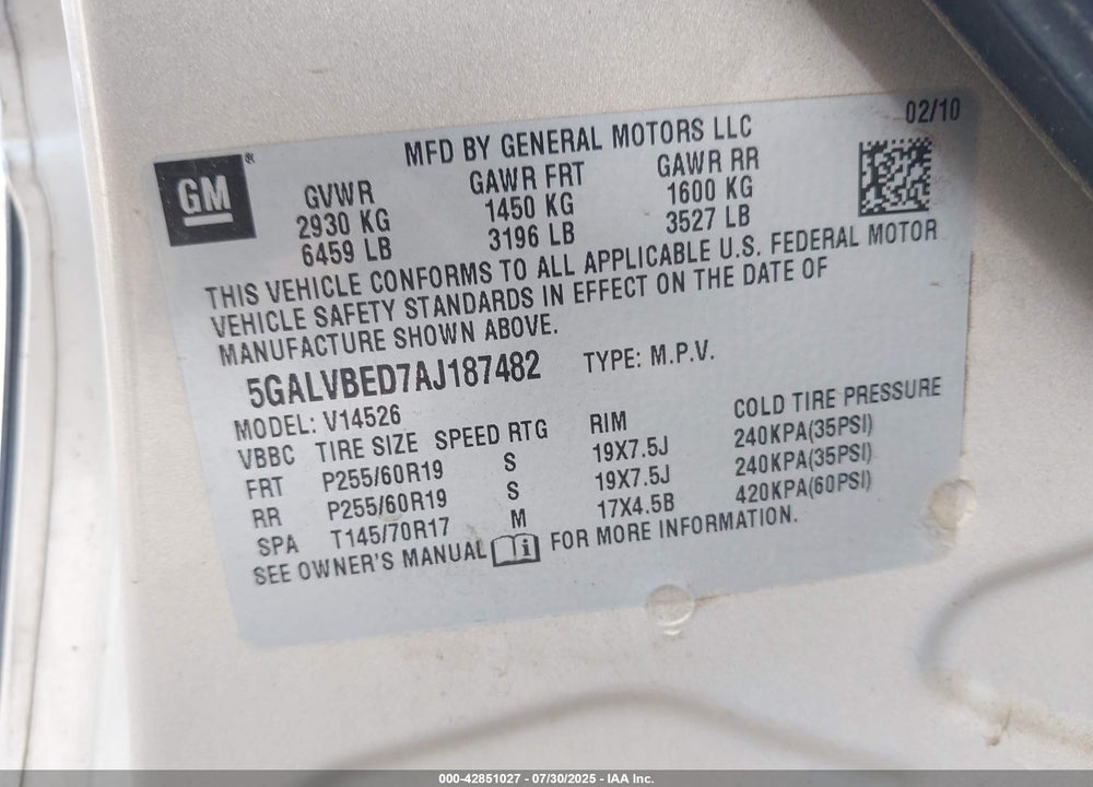 2010 BUICK ENCLAVE VIN: 5GALVBED7AJ187482