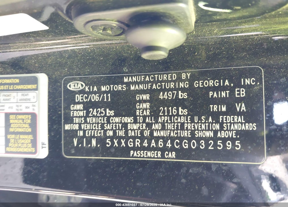 2012 KIA OPTIMA VIN: 5XXGR4A64CG032595