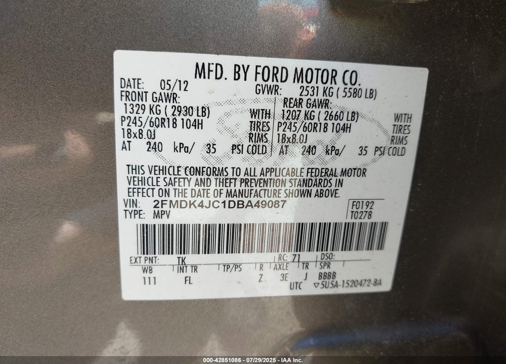 2013 FORD EDGE VIN: 2FMDK4JC1DBA49087