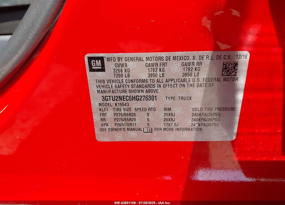 2017 GMC SIERRA 1500 VIN: 3GTU2NEC6HG276301