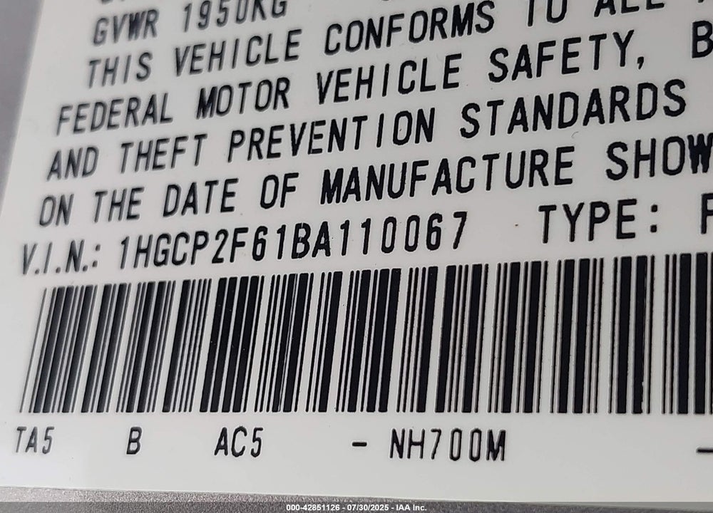 2011 HONDA ACCORD SE VIN: 1HGCP2F61BA110067