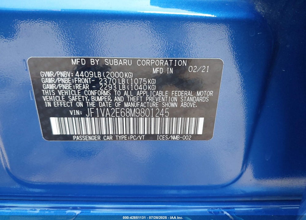 2021 SUBARU WRX STI VIN: JF1VA2E68M9801245