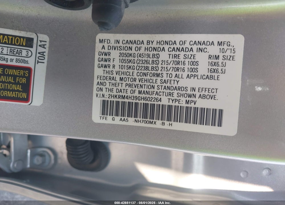 2016 HONDA CR-V LX VIN: 2HKRM4H39GH602264