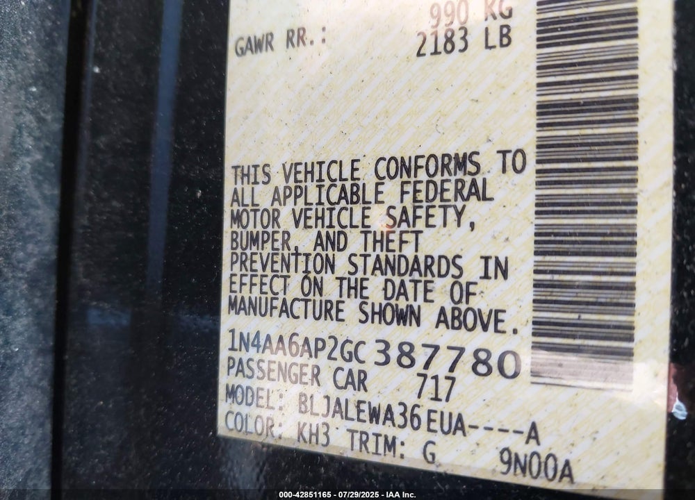 2016 NISSAN MAXIMA VIN: 1N4AA6AP2GC387780