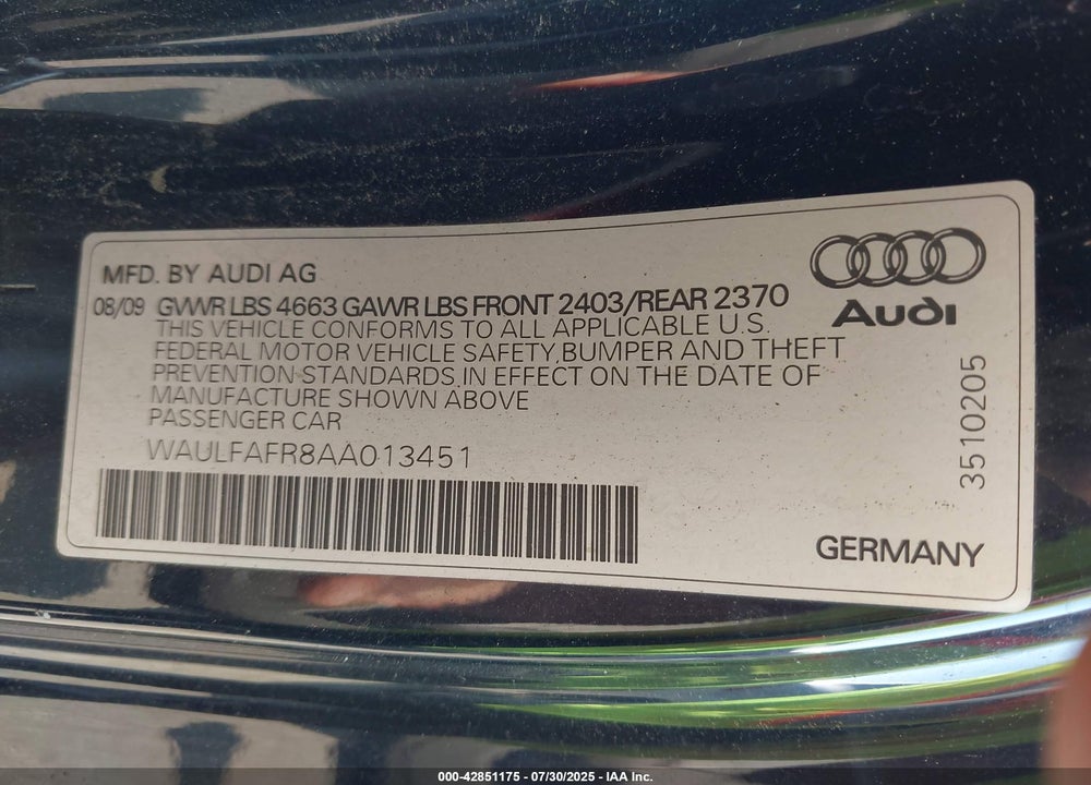 2010 AUDI A5 VIN: WAULFAFR8AA013451