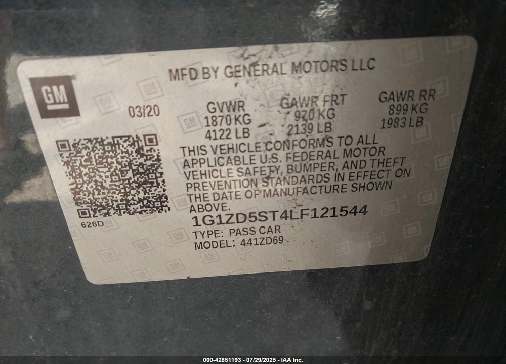 2020 CHEVROLET MALIBU VIN: 1G1ZD5ST4LF121544