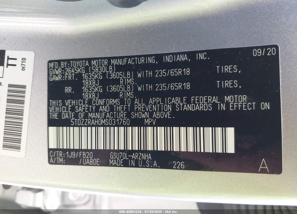 2021 TOYOTA HIGHLANDER LE VIN: 5TDZZRAH0MS031760