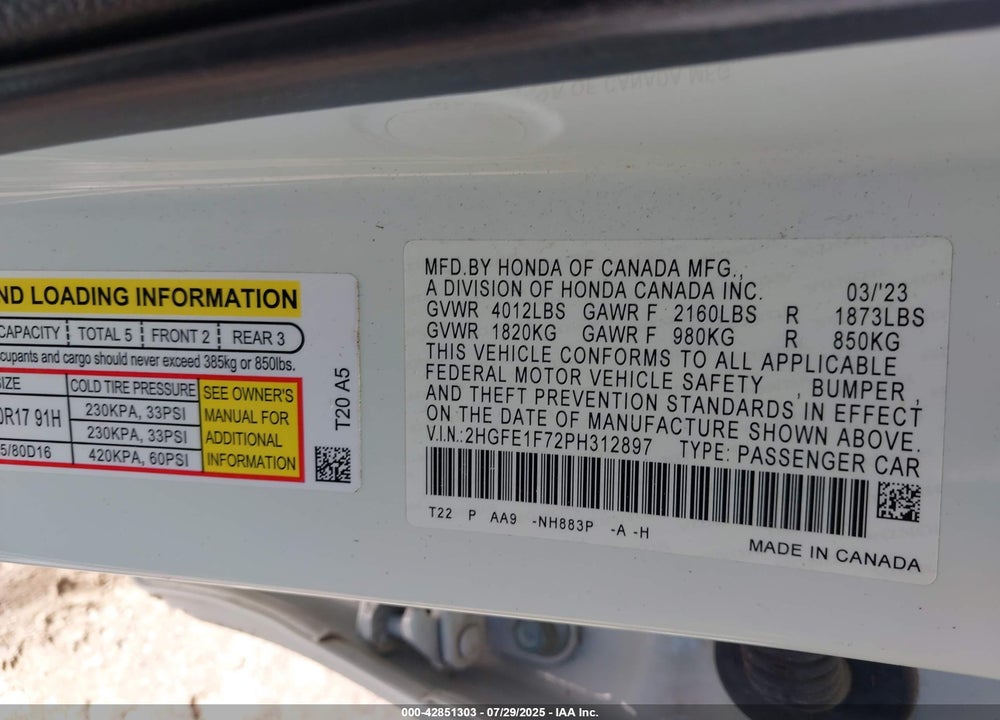 2023 HONDA CIVIC VIN: 2HGFE1F72PH312897