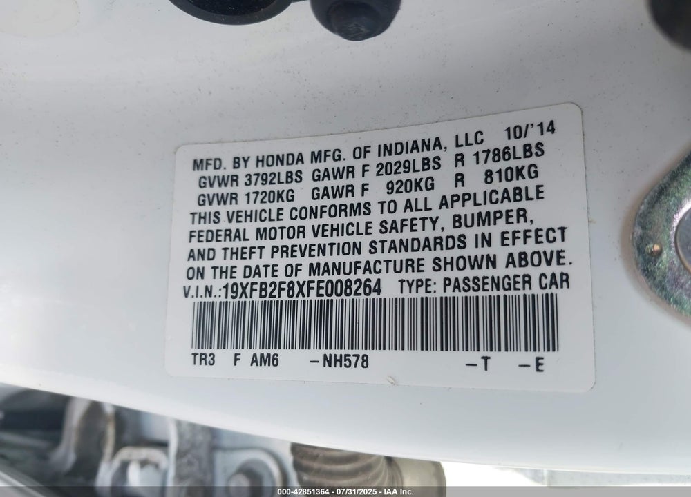 2015 HONDA CIVIC VIN: 19XFB2F8XFE008264