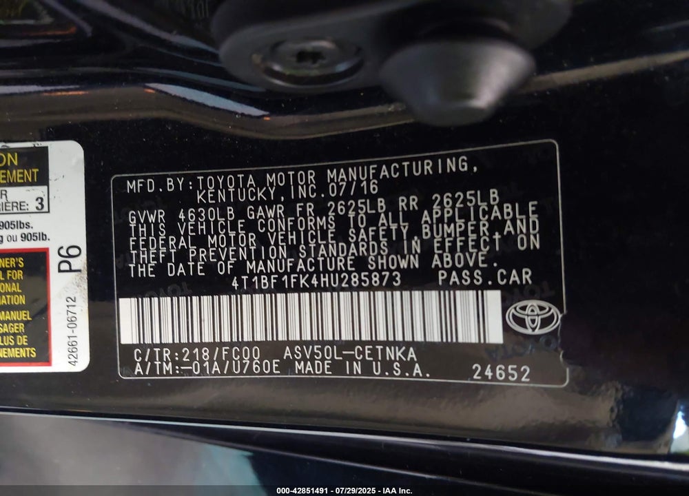 2017 TOYOTA CAMRY VIN: 4T1BF1FK4HU285873