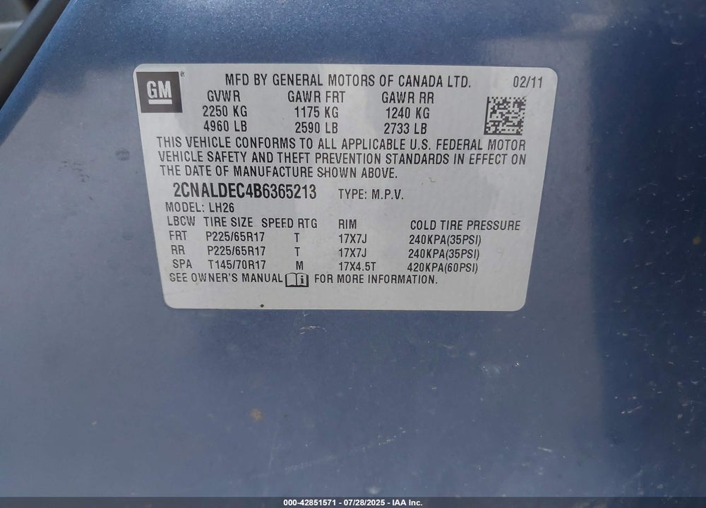 2011 CHEVROLET EQUINOX VIN: 2CNALDEC4B6365213
